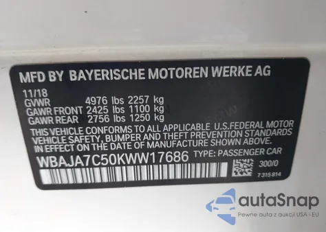 2019 BMW 530I xDrive z USA, uszkodzony, nr VIN WBAJA7C50KWW17686